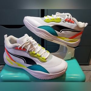 PUMA Playmaker Pro ☆ SIZE 13 US MENS ☆ White Fiery Coral Lime ☆ EUC